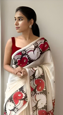 Laxmi Fashion Printed, Floral Print Assam Silk Jacquard, Cotton Silk Saree(White, Multicolor)
