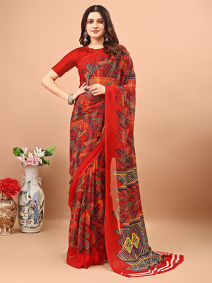 VIBHAGYAA Printed Daily Wear Chiffon Saree(Red)