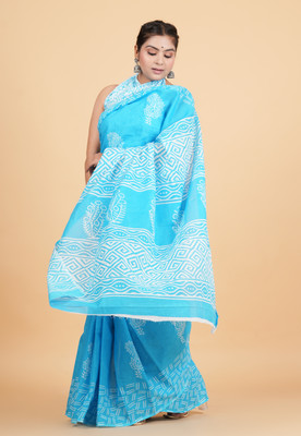 Krishna Creation Printed Handloom Pure Cotton Saree(Light Blue)