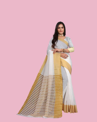 BrahamTraders Woven Kasavu Pure Cotton Saree(White)