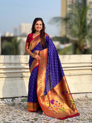 all about you Woven Paithani Silk Blend Saree(Dark Blue)