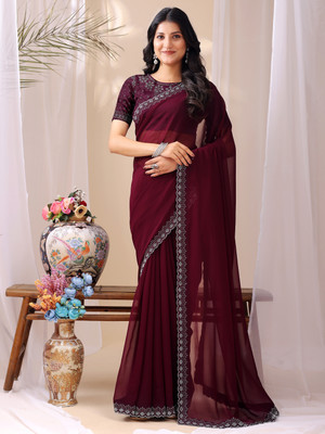 VIBHAGYAA Embroidered, Embellished Bollywood Georgette Saree(Maroon)