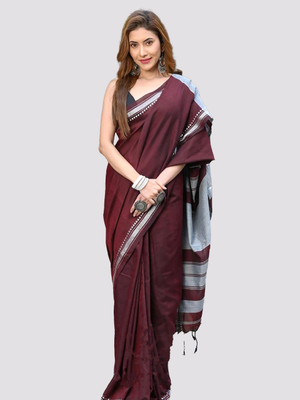RIDDHIMAN FASHION Striped, Solid/Plain Handloom Cotton Blend Saree(Maroon)