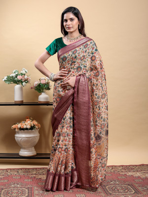 DHANLAXMISAREE Printed Kalamkari Linen Saree(Multicolor)