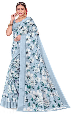 Aelisco Digital Print Bollywood Cotton Linen Saree(Blue)