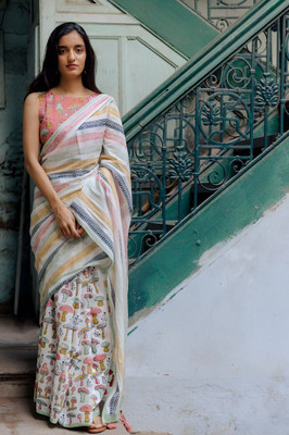 ekadanta Printed, Striped Daily Wear Cotton Linen Saree(White, Multicolor)