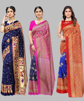 YASHIKA Printed Bollywood Art Silk Saree(Pack of 3, Dark Blue)