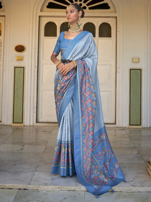 Sareemall Woven Patola Silk Blend Saree(Blue)