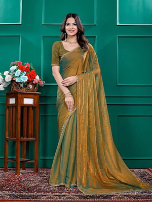 Vraggi Solid/Plain, Embellished, Embroidered Bollywood Chiffon, Pure Silk Saree(Gold)