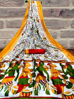 Kanooda Prints Printed Mysore Art Silk Saree(Yellow)