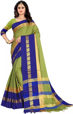 Pushti Creation Woven, Animal Print Banarasi Jacquard, Cotton Silk Saree(Blue, Light Green)