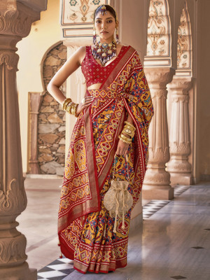 Sareemall Woven Patola Silk Blend Saree(Mustard)