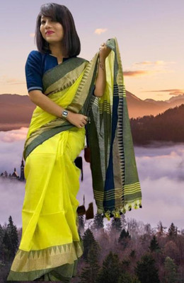 Sulekha Handloom Temple Border Handloom Cotton Blend Saree(Yellow)