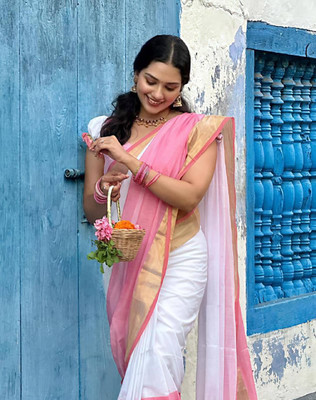 Anjaneya Sarees Printed Bollywood Linen Saree(White)