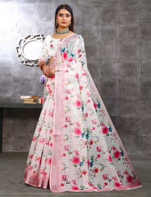 HouseOfCommon Printed Kanjivaram Pure Cotton, Cotton Linen Saree(White, Pink)