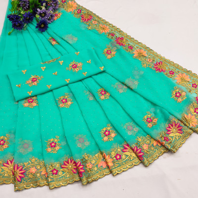 MIYANIFAB Embroidered Bollywood Georgette Saree(Light Blue)