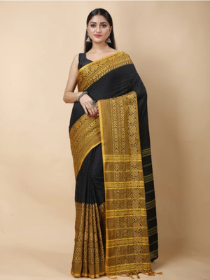 Bhadra Woven, Self Design Handloom Handloom Pure Cotton Saree(Black, Gold)