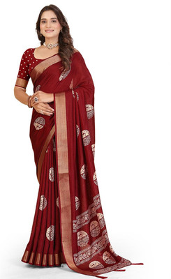 HouseOfCommon Geometric Print Assam Silk Art Silk Saree(Maroon)