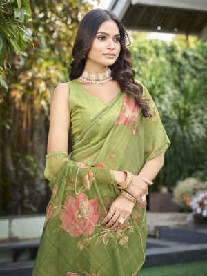 Tasrika Floral Print Bollywood Tissue Saree(Green)