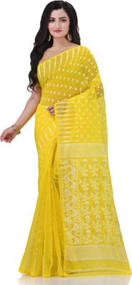 TANTLOOM Woven Jamdani Handloom Cotton Blend Saree(Yellow)