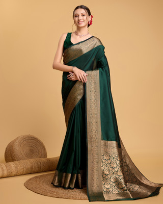 ZIBLON Self Design Saree with Attached Blouse Silk Blend Saree(Green)