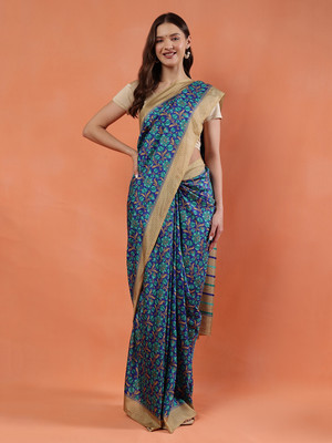 BALOOBI Digital Print Daily Wear Silk Blend Saree(Blue)