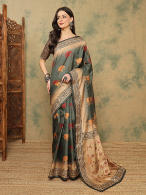 Sangria Digital Print Banarasi Silk Blend Saree(Grey)