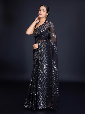 Bluebirdimpex Embellished Bollywood Georgette Saree(Black)