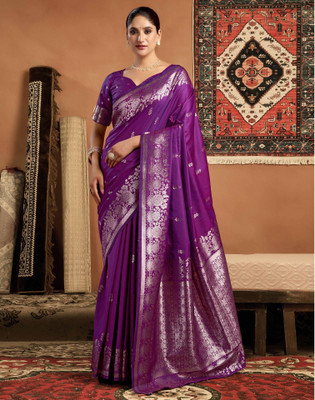 Satrani Woven, Embellished Banarasi Silk Blend Saree(Purple)