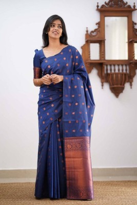 Pdfabrics Self Design Banarasi Jacquard Saree(Blue)