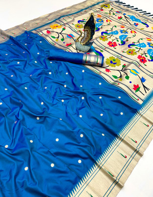 PANZORA Woven Paithani Cotton Silk Saree(Blue)