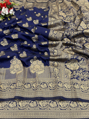 KanjiQueen Woven, Self Design Banarasi Silk Blend, Pure Silk Saree(Blue)