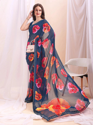 Leelavati Printed, Embellished, Embroidered Daily Wear Chiffon Saree(Dark Blue)