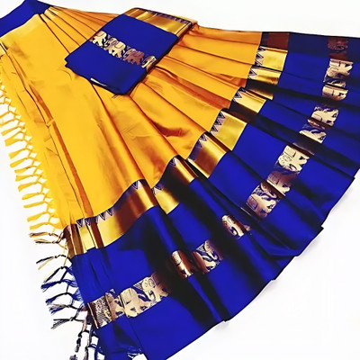 MoonTextile Temple Border Assam Silk Cotton Silk Saree(Gold)