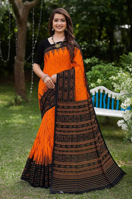 HouseOfCommon Printed Sambalpuri Pure Cotton Saree(Orange, Black)