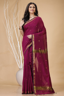 Bong ButiQ Woven Handloom Cotton Silk Saree(Purple)