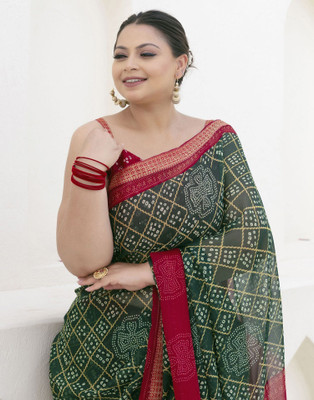Samah Printed, Embellished Bandhani Chiffon, Georgette Saree(Green, Maroon)