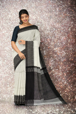 SLAGHA Self Design Handloom Cotton Blend Saree(White, Grey)