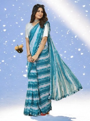 GC FAB Self Design Leheria Georgette Saree(Light Blue, White)