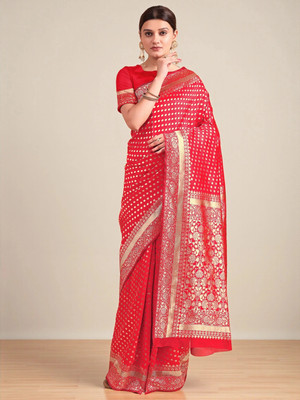 fFASHION Embellished, Solid/Plain, Striped, Temple Border, Floral Print, Dyed, Woven Banarasi Art Silk, Cotton Silk Saree(Red)