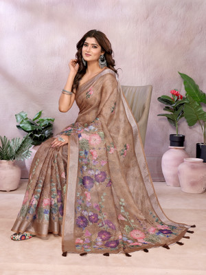 Vintro Floral Print Bollywood Linen Saree(Brown)