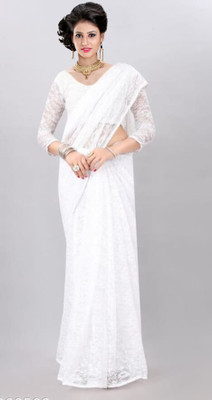 NORAFLEX Embroidered Bollywood Net Saree(White)