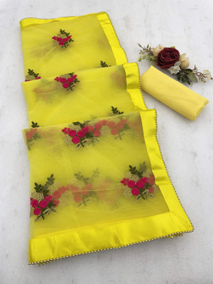 TANVI DESIGNER Embroidered Bollywood Net Saree(Yellow)