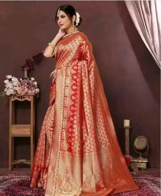 adhira collection Woven, Self Design Banarasi Silk Blend Saree(Red)