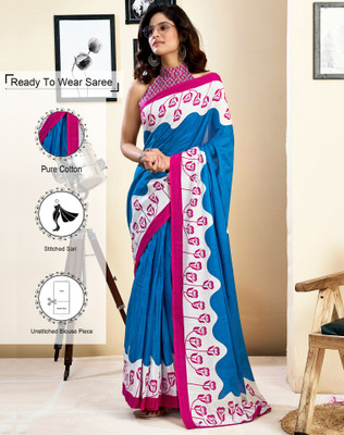 Tasrika Floral Print Daily Wear Pure Cotton Saree(Dark Blue, White, Pink)