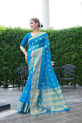KOTHARI SKT Printed Bandhani Organza Saree(Light Blue)