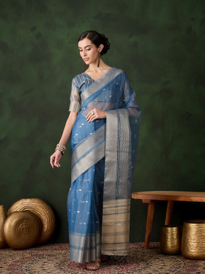 HERE&NOW Embellished Bollywood Organza Saree(Light Blue, Grey)