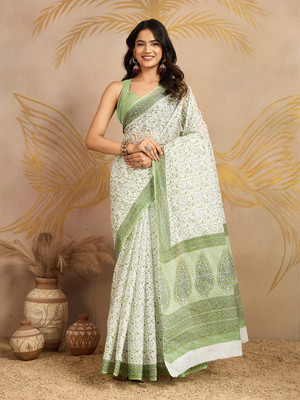 SHANVIKA Floral Print Daily Wear Pure Cotton Saree(White)