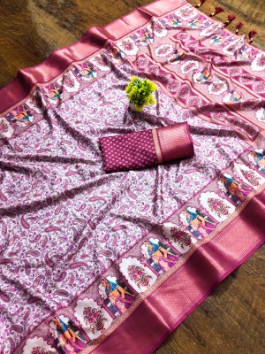 nirave fashion Digital Print, Temple Border Banarasi Pure Silk Saree(Pink)