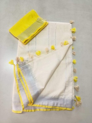 Aamir Fashion Textile Solid/Plain Bhagalpuri Handloom Cotton Linen Saree(Cream)